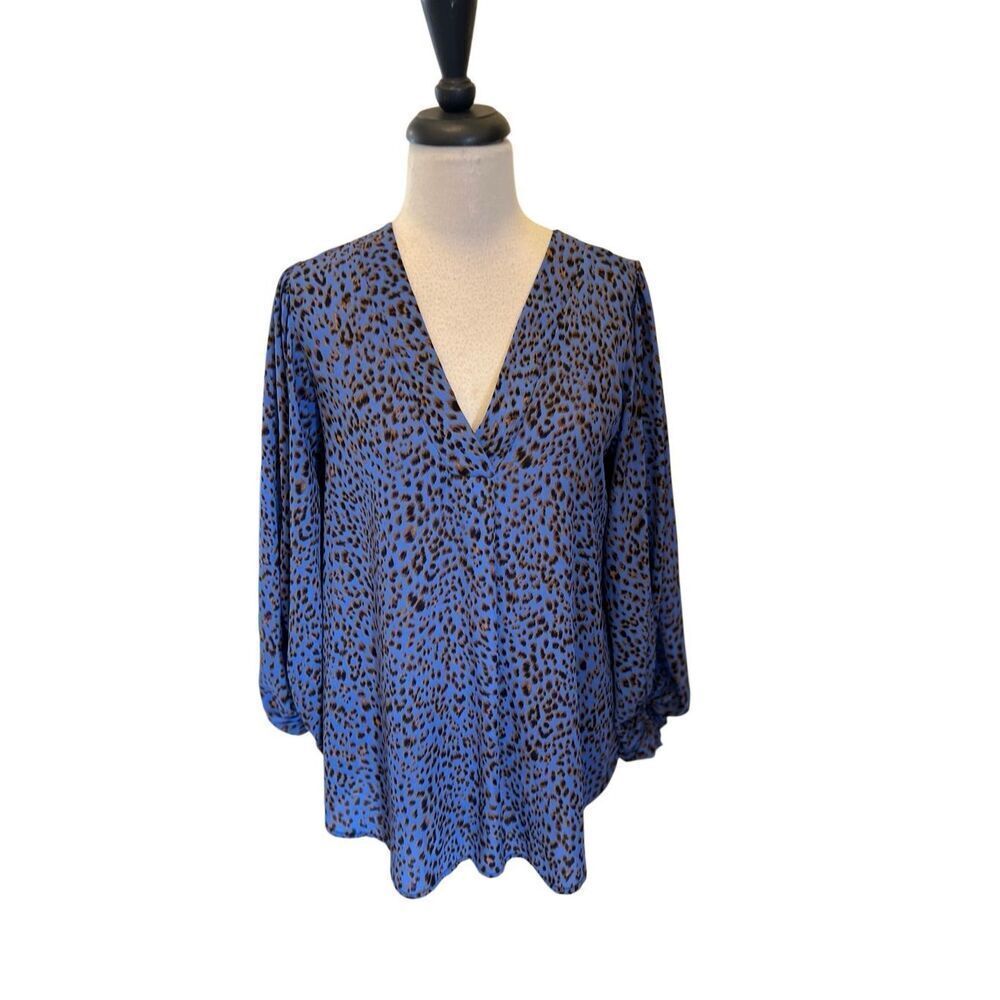Adrienne Women's Leopard Print V-neck Balloon Sleeve Tunic Blouse Blue Tan Small